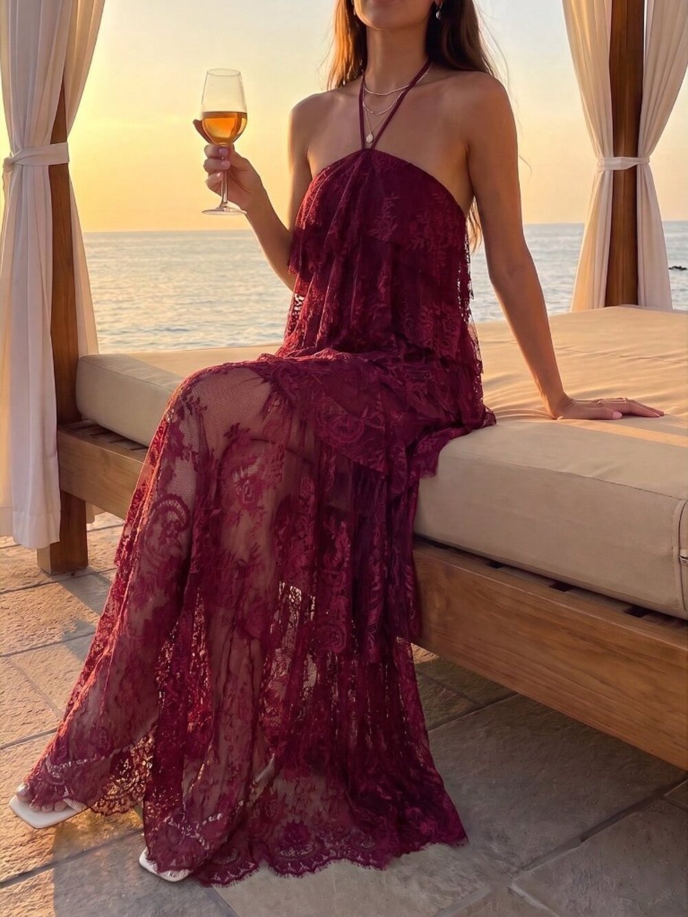Burgundy Sexy Women's Multi-Layer Lace Ruffle Elegant Halter Neck Dress